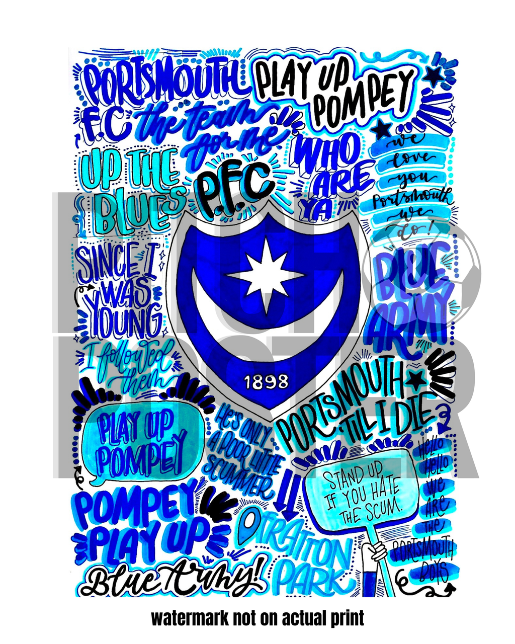 Portsmouth Football Club - Glossy Print - Originally Hand Drawn