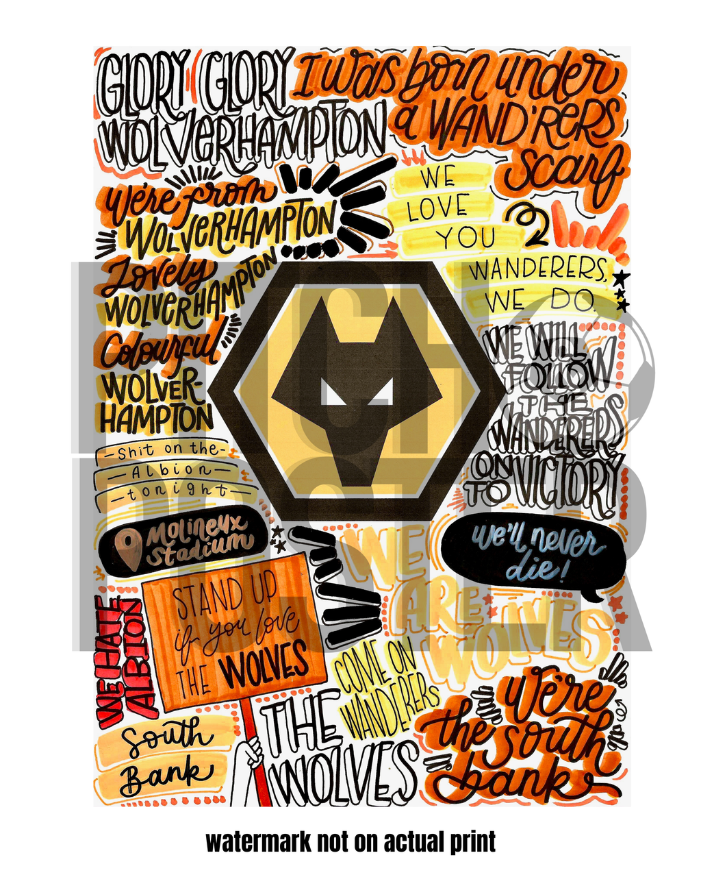 Wolverhampton Wanderers FC - Glossy Print - Originally Hand Drawn