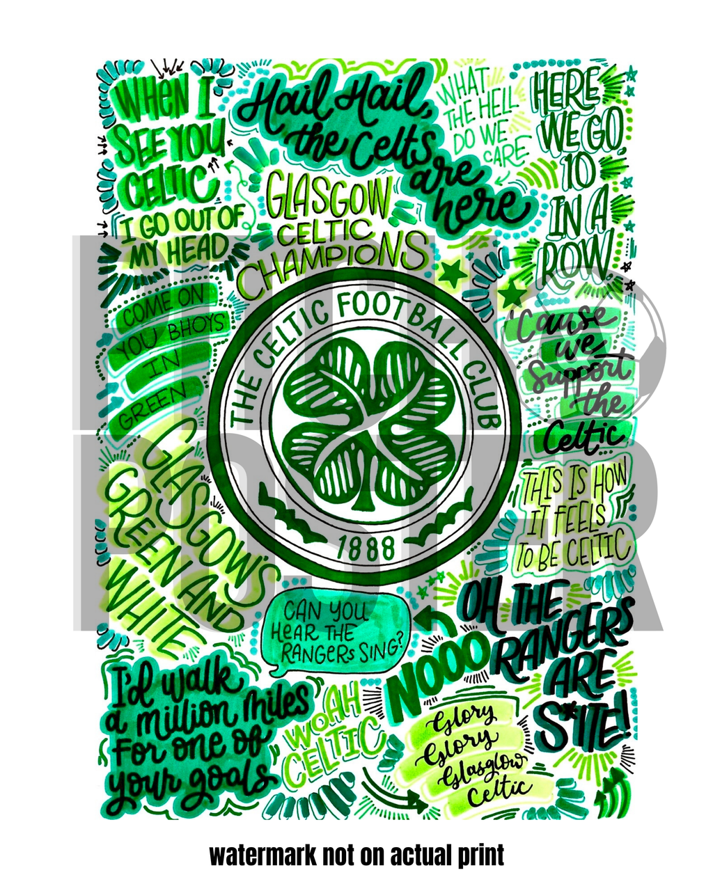 The Celtic Football Club  - Glossy Print - Originally Hand Drawn