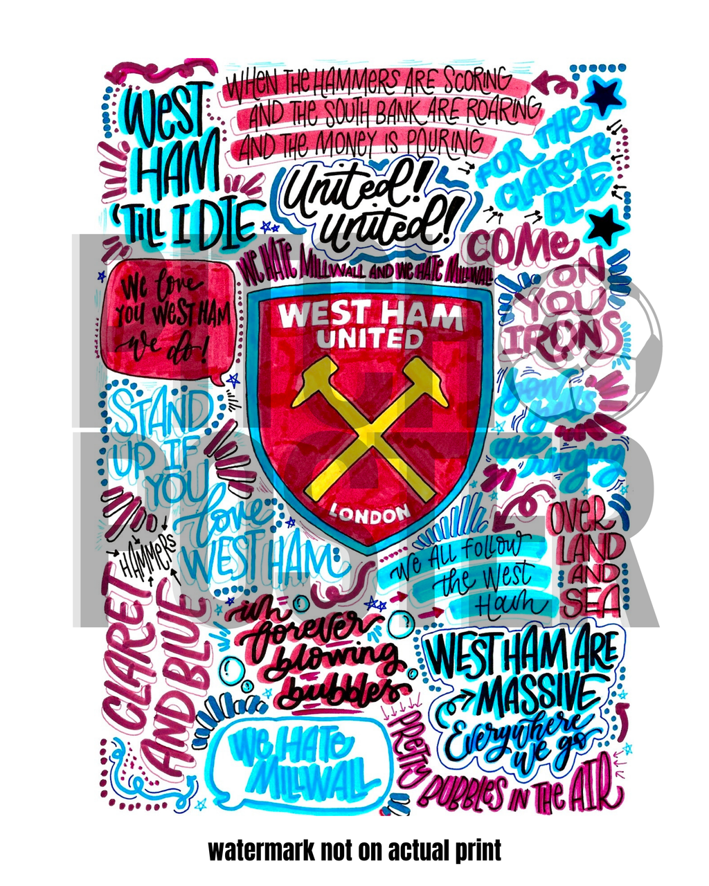 West Ham United  - Glossy Print - Originally Hand Drawn