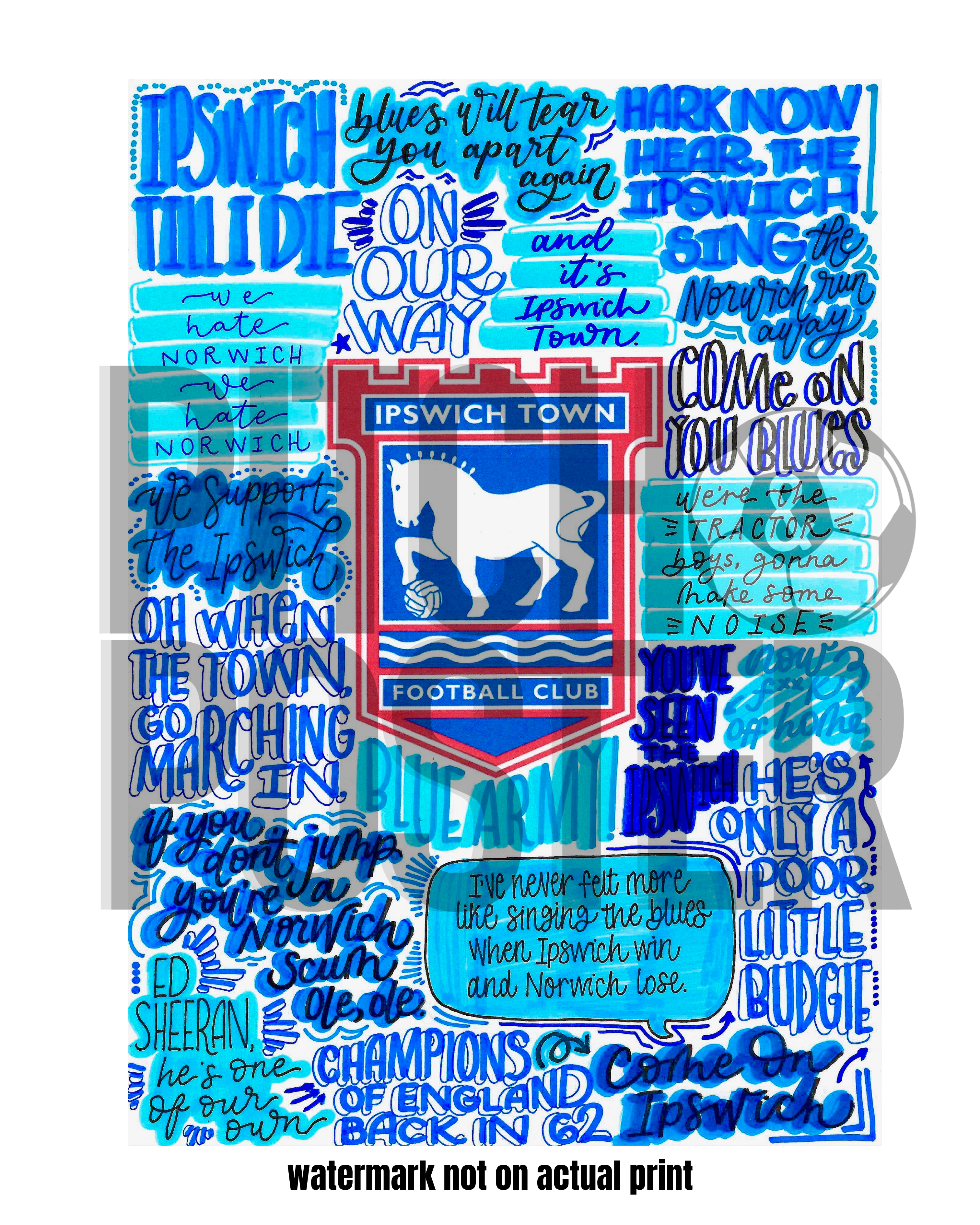 Ipswich Town Football Club - Glossy Print - Originally Hand Drawn