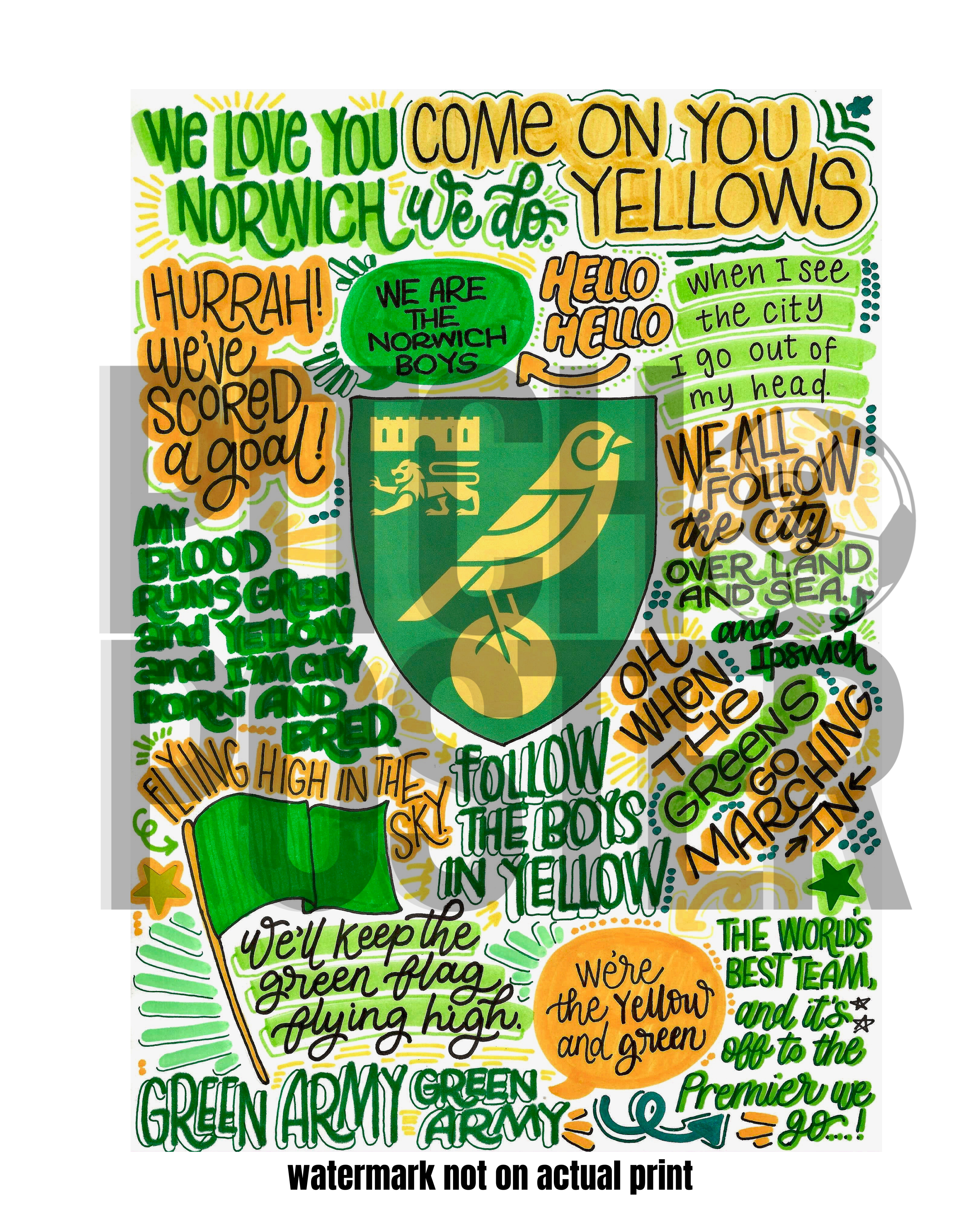 Norwich City Football Club  - Glossy Print - Originally Hand Drawn