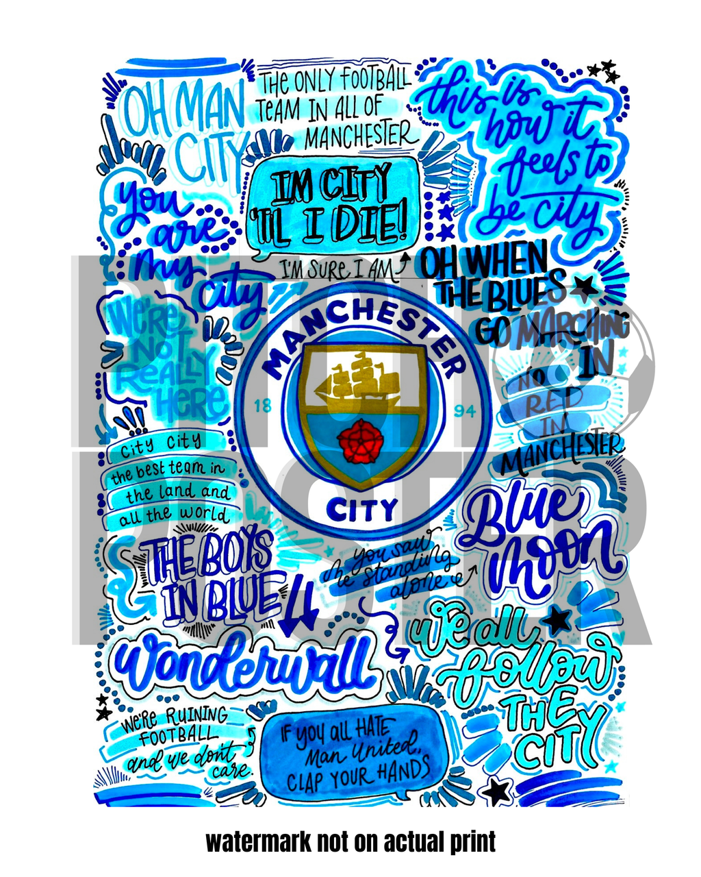 Manchester City  - Glossy Print - Originally Hand Drawn