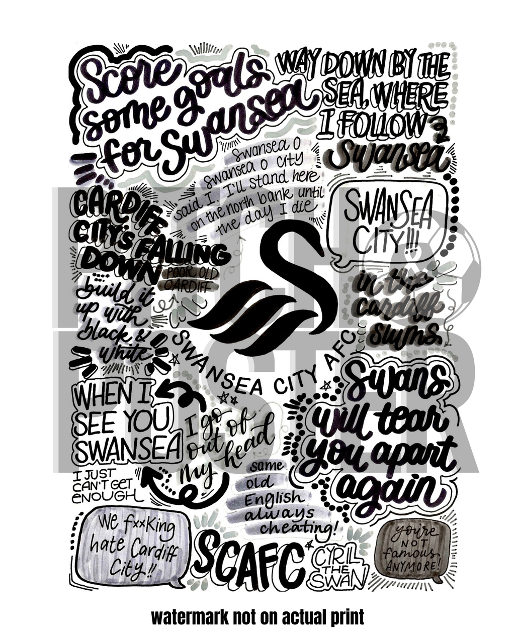 Swansea City A.F.C  - Glossy Print - Originally Hand Drawn