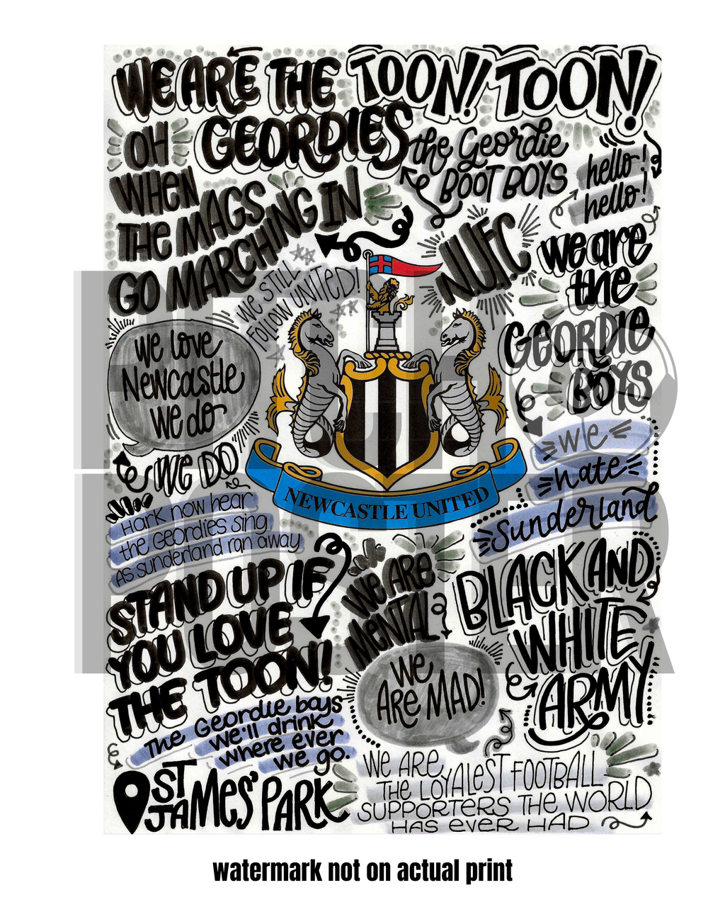 Newcastle United - Glossy Print - Originally Hand Drawn