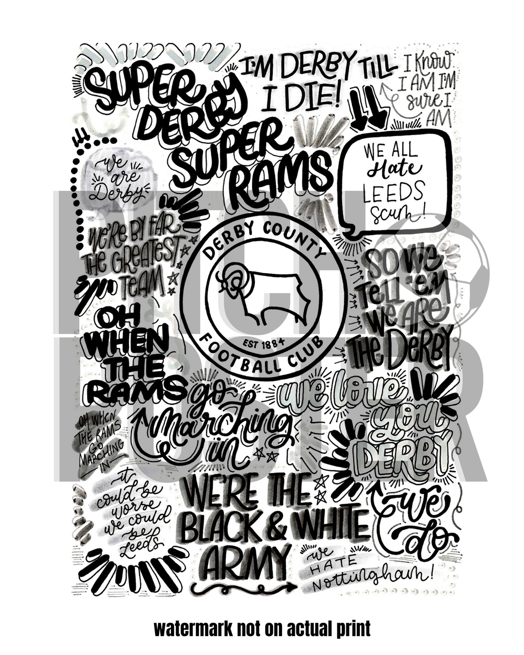 Derby County Football Club  - Glossy Print - Originally Hand Drawn
