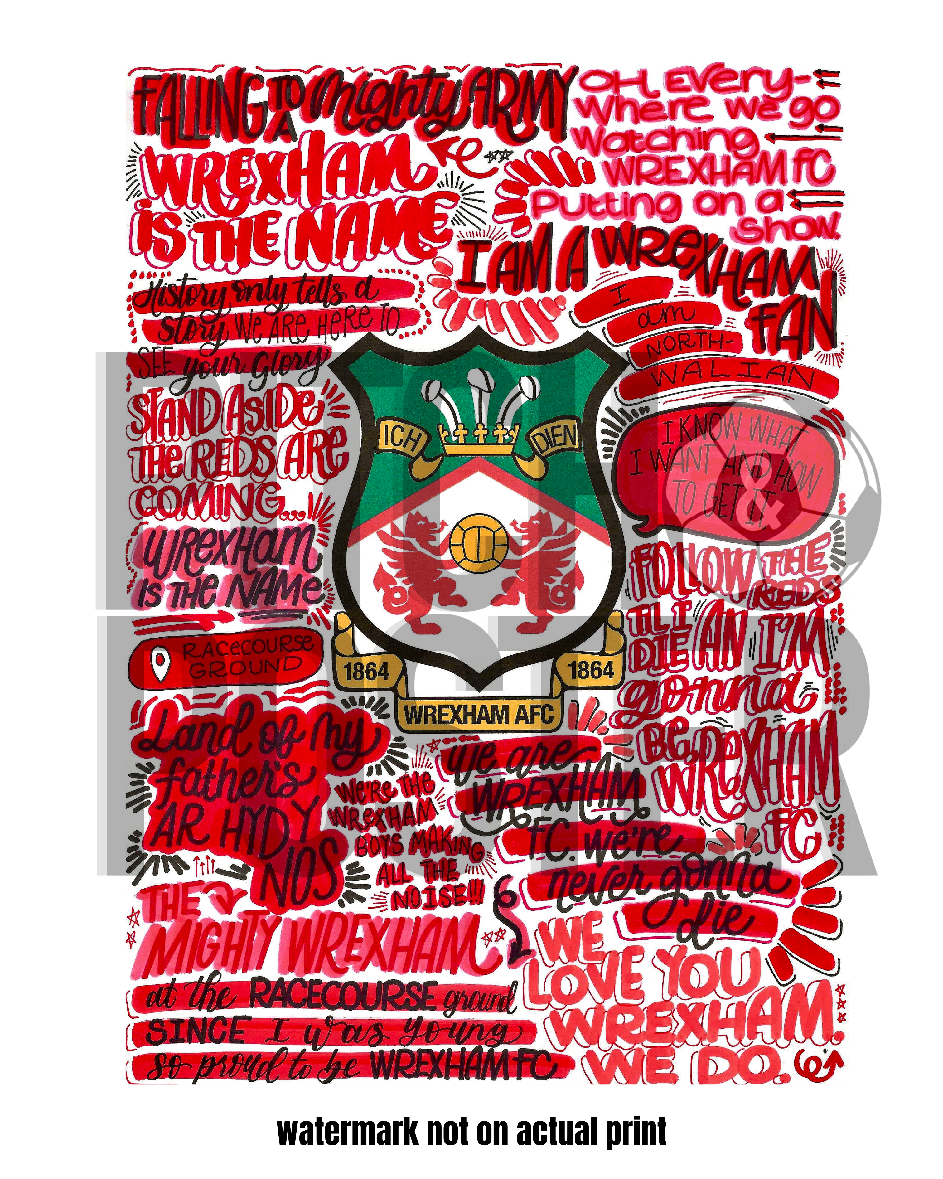 Wrexham AFC - Glossy Print - Originally Hand Drawn